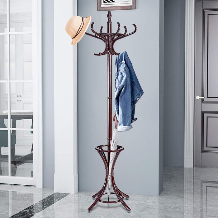 COSTWAY 184cm Wardrobe Rack with Umbrella Holder, Coat Rack with 12 Clothes Hooks, Clothes Rack made of Wood, Freestanding Wardrobe for Entryway, Living Room and Bedroom (Brown)