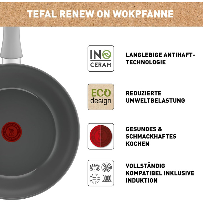 Wok Tefal Renew C42704 28 см з керамічним покриттям Thermo-Signal, сірий - екологічна перероблена жаровня для всіх типів плит, включаючи індукцію