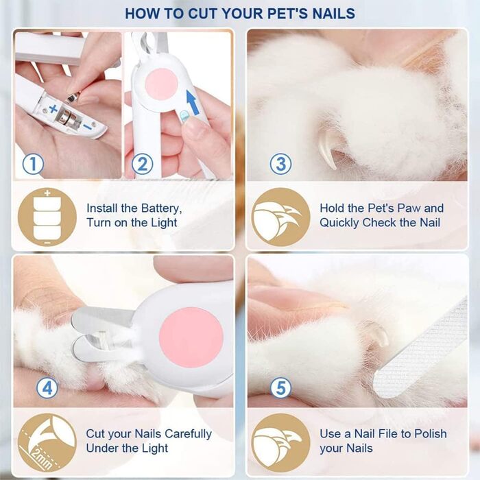 Ножиці для обрізання кігтів для собак і котів з LED-підсвічуванням, рожеві. Включає пилку для кігтів та захист від бризок. Підходить для середніх та маленьких тварин