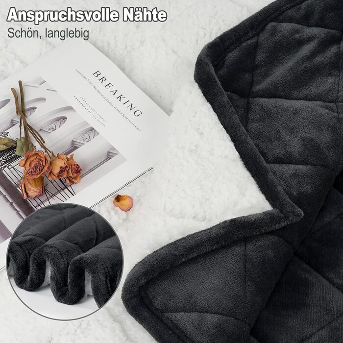 WOLTU Вага ковдра, терапевтична ковдра для дорослих, двостороння вага ковдра з скляними кульками, антистрес, м'яка, з фланелі та шерпи, 9 кг, 150 x 200 см, чорна