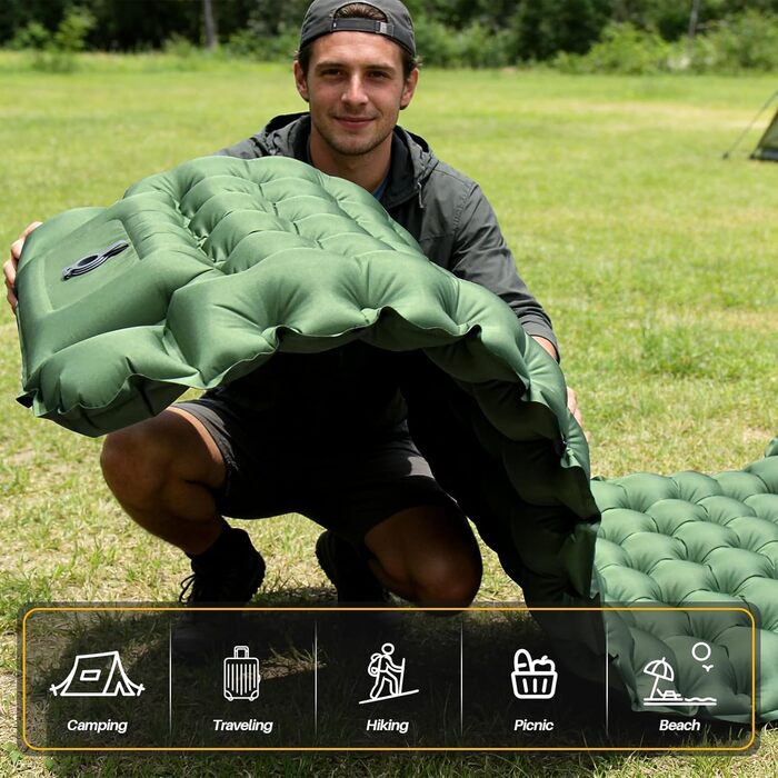 Каремат туристичний надувний Isomatte Camping 10 см з вбудованим насосом та подушкою, водонепроникний, антирозривний для кемпінгу, пляжу, подорожей, походу (Зелений)