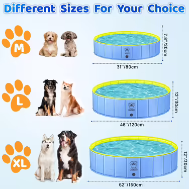 COZII Dog Pool, 160 x 30cm Dog Pool for Large and Small Dogs, Foldable Dog Bathtub, Splash Pool for Children, Portable Dog Pool with Non-Slip PVC and Bath Brush