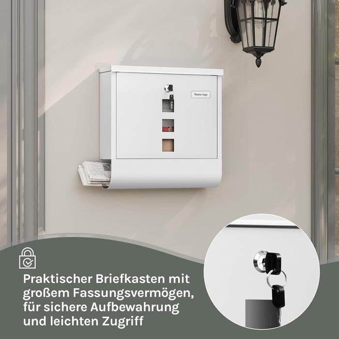 Поштовий ящик WOLTU з газетницею та вікном, персоналізований, з ключем, білий 37x37x10.5 см