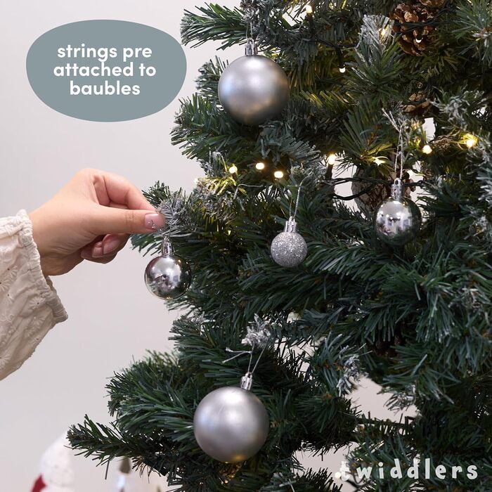 50 кульок для ялинки Twiddlers срібного кольору - різні розміри та покриття (6см, 4см, 3см) - матові, блискучі, з глітером. Декор для ялинки, 50 шт.