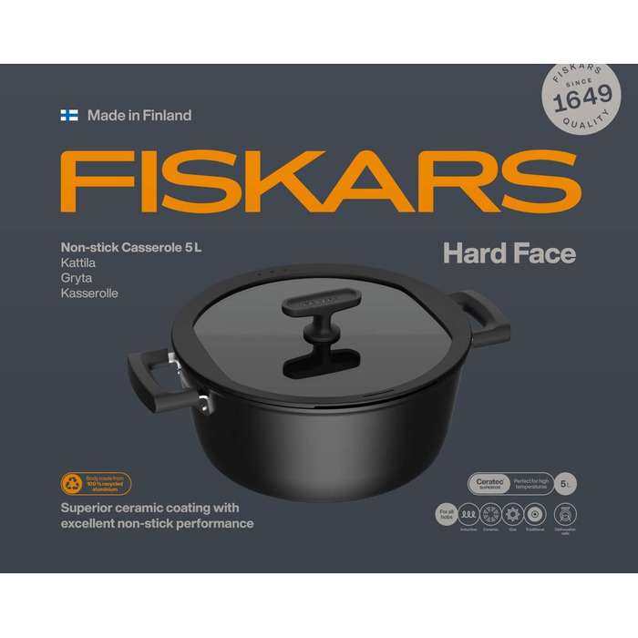 Каструля з кришкою Fiskars Hard Face 1,8 л, 18 см, антипригарна, для всіх плит, алюміній/пластик, стійка до подряпин