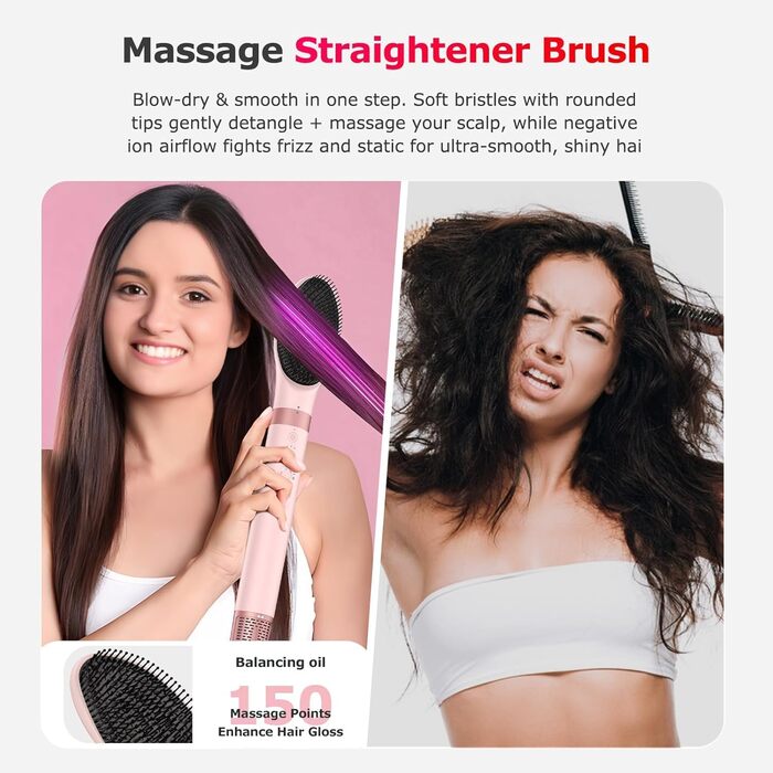 MESCOMB Airstyler 5-в-1: Іонний фен та мультистайлер для волосся з насадками. Швидке сушіння, локони, об'єм, випрямлення. Без пошкодження волосся. З дорожньою сумкою. Рожевий колір