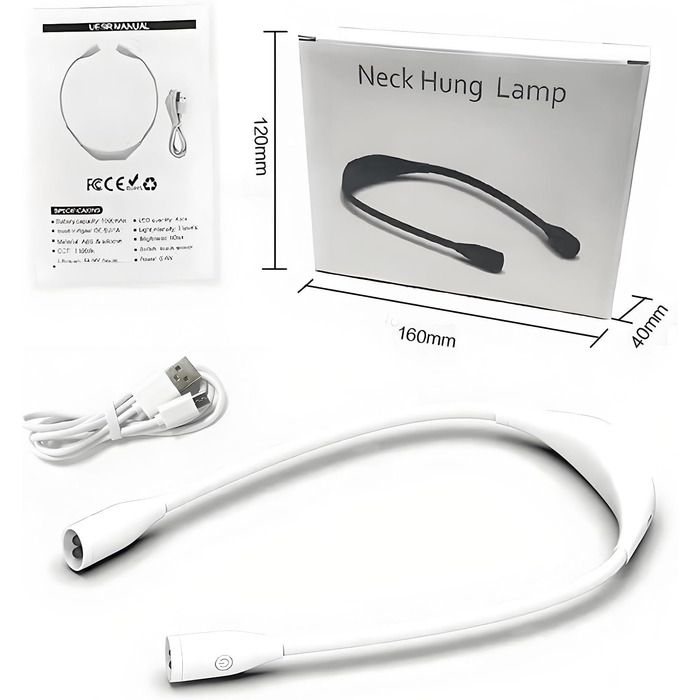 Ліхтарик на шию Lumi Crealis LED, USB-зарядка, 3 кольори, 9 рівнів яскравості, гнучкий, для читання, в'язання, ремонту, кемпінгу (білий)