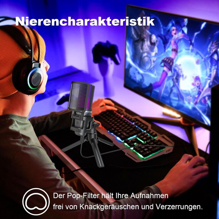 Zealsound USB Мікрофон для ПК та телефону – RGB, з регулюванням гучності, поп-фільтром, тримачем, та 2 адаптерами для подкастів, стрімінгу, Discord, YouTube, TikTok A68