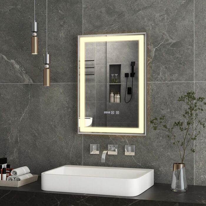 Дзеркало YOURLITE з підсвічуванням 70x50 см, LED дзеркало для ванної кімнати з годинником, сенсорне керування, 3 кольори світла, регулювання яскравості, антизапарник, пам'ять, срібний