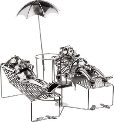 BRUBAKER Wine Bottle Holder - Loving Couple on Vacation - Metal Sculpture Bottle Stand, Reclining Couple Under Palm Tree - Silver Metal Figure Bottle Holder, Wine Gift for Vacationers with Greeting Card