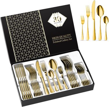 Набір столових приборів Aoeeppa на 6 осіб (30 предметів) з нержавіючої сталі, золотий