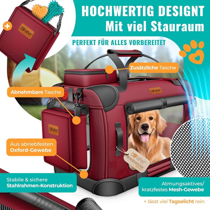 Транспортна переноска для собак та котів (XXL, Бордовий/Червоний) з мискою та плечовим ременем