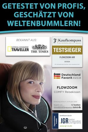 Подушка для шиї FLOWZOOM Comfy - для подорожей літаком та автомобілем. Регульована подушка з піною з пам'яті з підтримкою 360°, м'яка дихаюча обкладинка, транспортна сумка. Колір: сірий (Comfy - чорний)