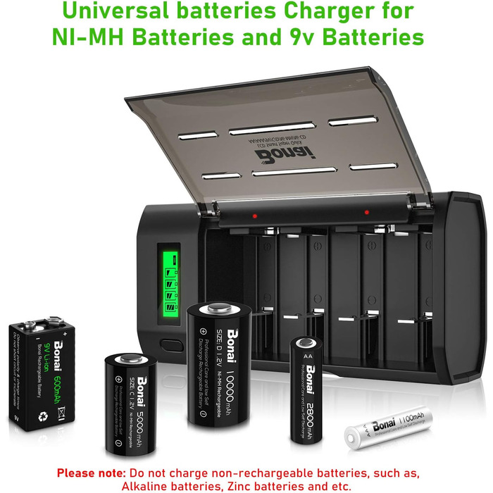 Інтелектуальний зарядний пристрій BONAI для акумуляторів AA/AAA/SC/C/D NI-MH з LCD дисплеєм та функцією розряду, універсальний, швидка зарядка