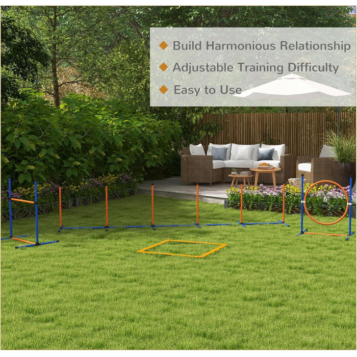 Набір для аджиліті PawHut для собак, 8 предметів, для вулиці, з тканинними стовпчиками, регульоване кільце для стрибків, бар'єри, зона відпочинку, тенісні м'ячі, свисток, шорти для тренувань
