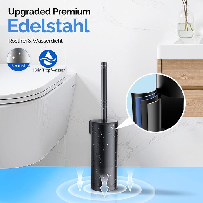 Набір для чищення унітазу HAMITOR з нержавіючої сталі: щітка для унітазу з кріпленням на стіну без свердління, для глибокого очищення під краєм, з швидковисихаючим підставкою, довга ручка, чорний, 1 шт.