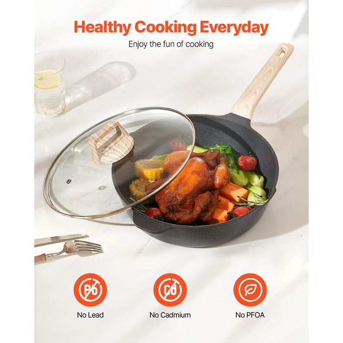 Набір каструль та сковорідок VEVOR з індукційним покриттям (17 предметів) з кришками з термостійкого скла, антипригарне покриття, для кухні, кемпінгу, приготування соусів та тушкування (чорний)