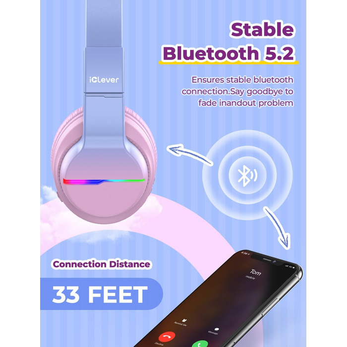 iClever Бездротові навушники для дітей з LED-підсвічуванням, Over-Ear, Bluetooth 5.2, мікрофон, рожевий градієнт, час роботи 85 годин