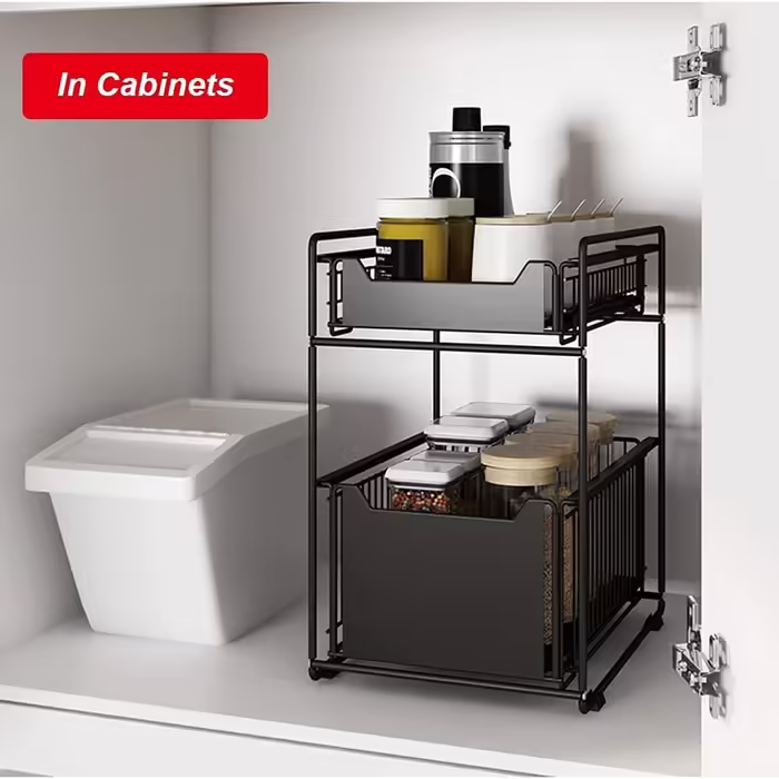 Under-Cabinet Organizer with 2 Levels, Adjustable Height, with Wooden Handle, Pull-Out Metal Basket for Kitchen and Bathroom (White)