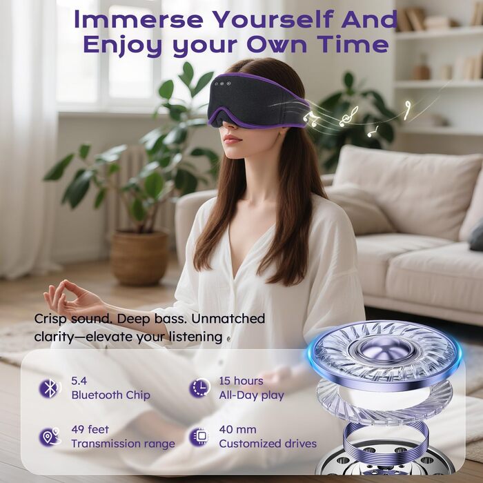 3D Маска для сну з навушниками Bluetooth Dolida Лаванда: повна блокада світла, комфортний сон, для жінок та чоловіків