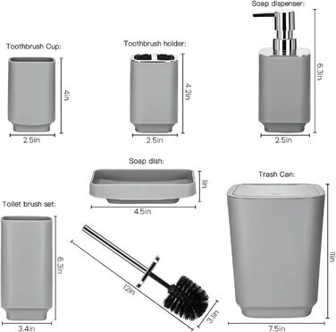 Сучасний набір для ванної кімнати на 6 предметів: мильниця, тримач для зубних щіток, дозатор мила, сміттєвий бак, стаканчик та WC-щітка з пластику та металу (сірий)