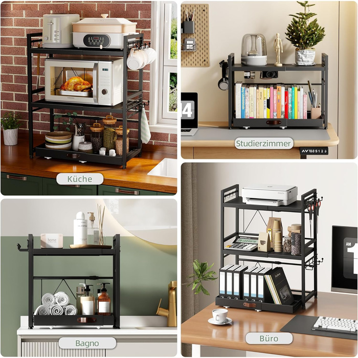 Регульована мікрохвильова полиця NETEL 2-ярусна, полиця над мікрохвильовою піччю, підставка для мікрохвильовки, кухонна полиця для стільниці, полиці для випічки, кухонна полиця з тримачем для напоїв та кошиком, чорна, висувна 40-60 см (3-ярусна з 2 тримач