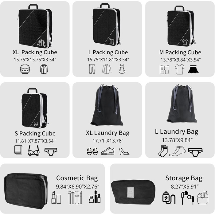 Органайзер для валізи, набір 6 шт. Компресійні кубики для пакування, дорожній органайзер, чорний (8 шт.)