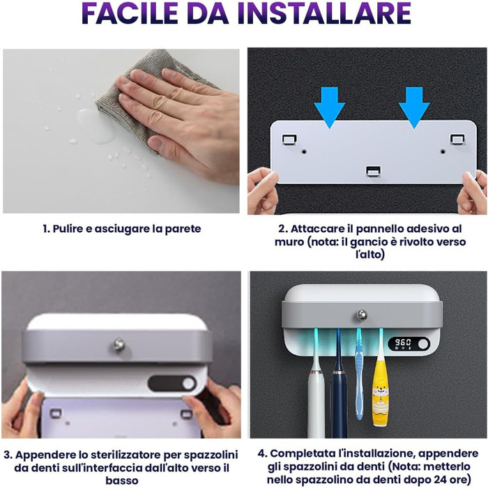 Стерилізатор для зубних щіток з УФ-світлом: 2 тримачі для щіток та бритв, сушка та дезінфекція