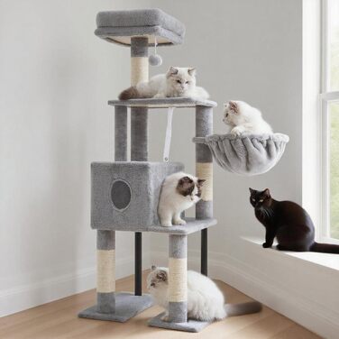 Котячий будиночок Heybly Kratzbaum HCT200SW: кігтеточка, будиночок, лежанка, 125 см, сірий