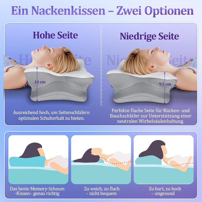 Подушка для шиї з Memory Foam - Ортопедична подушка для сну, бічних, спинних та тих, хто спить на животі. Підтримка шиї.