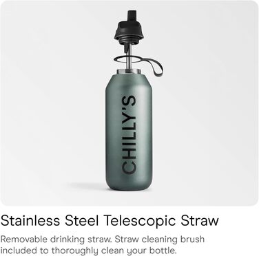 Chilly's Series 2 Flip Bottle - Thermos flask with sports cap, telescopic straw and nylon carry loop - stainless steel bottle with Easy Flip opening, straw cleaning brush included (Ombre - Slate, 500 ml)