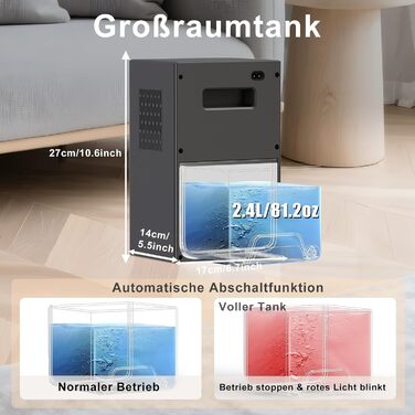 Електричний осушувач повітря Tipkook 2400 мл з автоматичним відтаненням, 10 кольорових світлодіодів, таймером 8/12/24 год, портативний для ванної, спальні, кухні, шафи, срільно-сірий