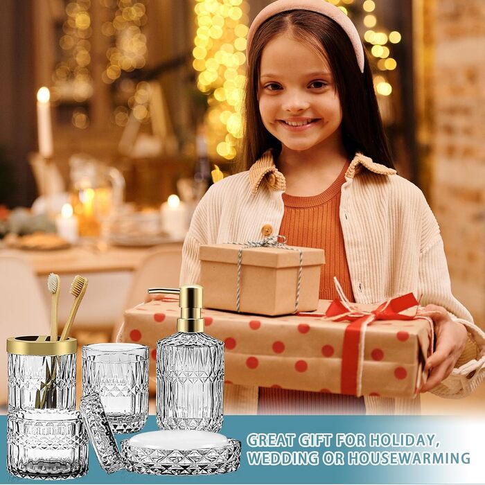 Набір аксесуарів для ванної кімнати зі скла, 5 шт. (Дозатор для лосьйону, мильниця, тримач для зубних щіток, стакан, ватні палички)