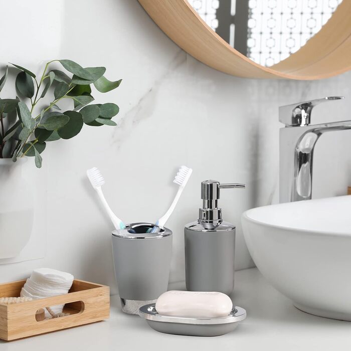 Набір аксесуарів для ванної кімнати Fixwal 8 шт. з пластику (сірий): мülleimer, тримач для зубних щіток, мильниця, диспенсер для мила, тримач для туалетного паперу, диспенсер для ватних паличок