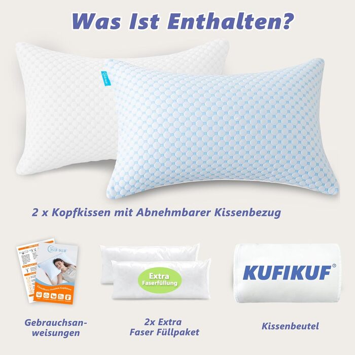 KUFIKUF Pillow 40x80 [2-Pack], Height-Adjustable Microfiber Pillow, Cooling/Warm Pillow, Pillow Suitable for Allergy Sufferers, Breathable Neck Support Pillow, for Side Sleepers and Back Sleepers 40x80cm Sky Blue 2