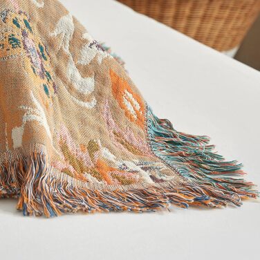 Богемна ковдра Boho 150x200 см з 100% бавовни, двостороння муслінова ковдра, плед для дивану та ліжка, patchwork, літня ковдра для вітальні, зелено-бежева (230x250 см, квіти та птахи)