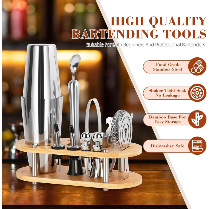 Набір для приготування коктейлів FoiiLiio 12 шт. з шейкером 750 мл, аксесуари для бару, нержавіюча сталь, бамбуковий стійкий, для дому