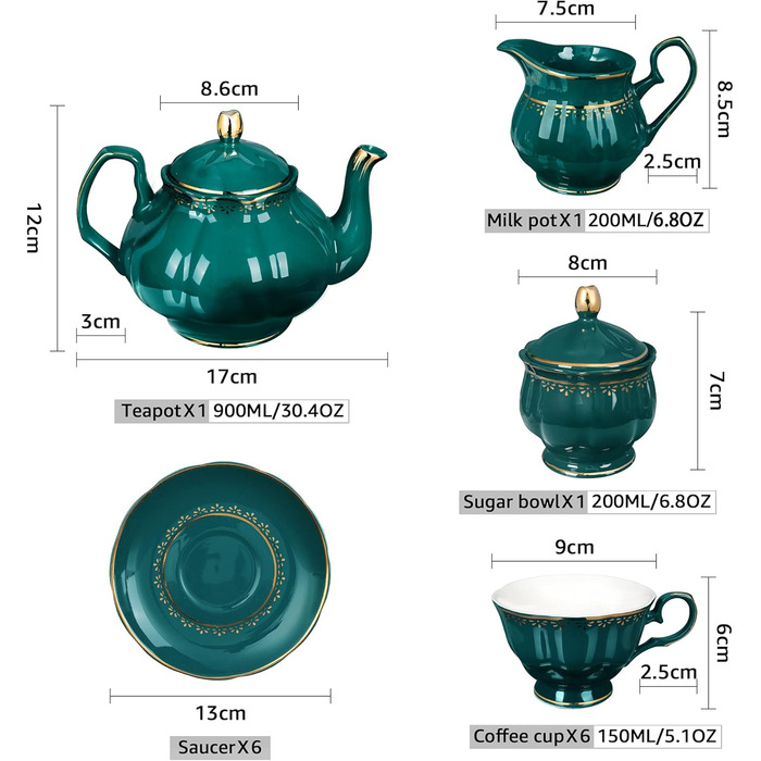Fanquare 21-Piece Vintage Porcelain Tea Set, Dark Green Coffee Set with Teapot, Milk Jug, Sugar Bowl, Saucers, and Spoons for 6 People