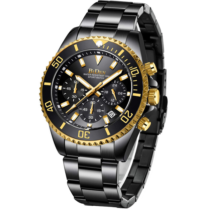 Годинник чоловічий Biden BIDEN-0163, аналоговий, кварц, з браслетом з нержавіючої сталі, чорний / золотий