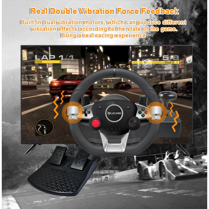 Ігрове кермо DuLingKer з педалями та перемиканням передач, 270° для PC/PS4/Switch/PS3/Xbox One/Xbox 360/Android TV, кермо для перегонів з вібрацією, зворотним зв'язком