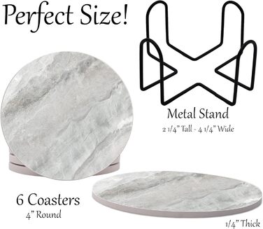 Aqua Blue Teal Marble Coasters Set of 6 - Absorbent Ceramic Coasters with Metal Stand for Drinks, Coffee, Non-Slip Cork Back for Table Protection, 10.2 cm Marble Pattern (Blue-Green) (Gray)