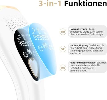 Пристрій для епіляції IPL з охолодженням 6°C, безболісна епіляція для тіла та обличчя, 999,900 імпульсів, 9 рівнів потужності, білий