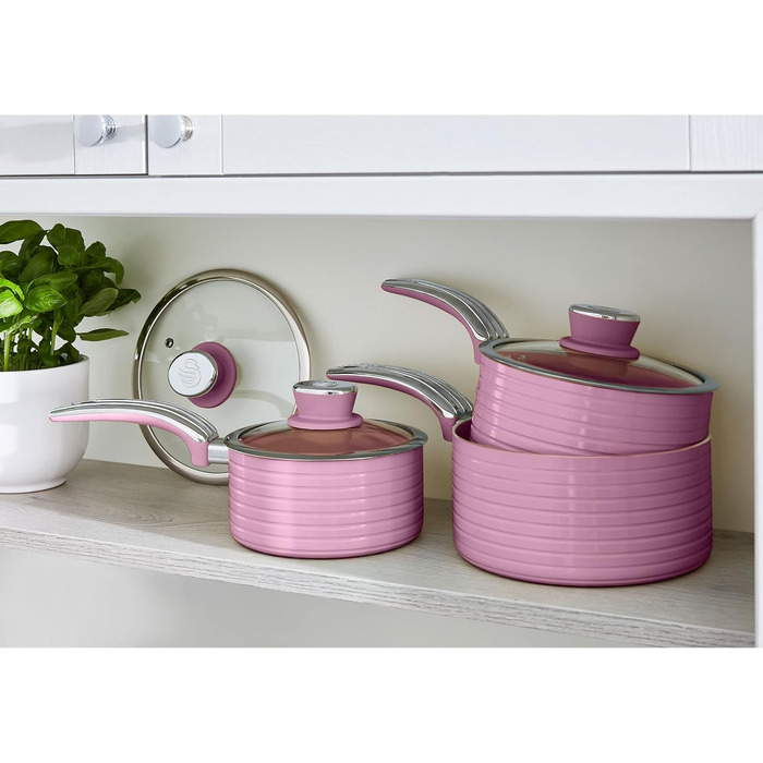 Swan 5-Piece Frying Pan Set, Retro Design, Aluminum, 29.5x47x18 cm (Rose)