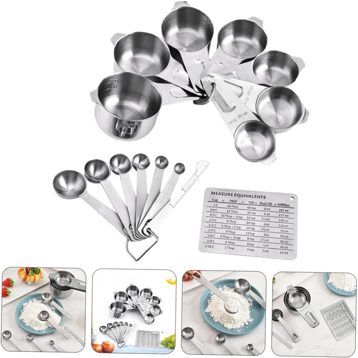 15 Measuring Spoon Conversion Table Kitchen Gadgets Bowls Measuring Cups for Baking Measuring Cup Set Portable Rice Spoon Kitchenware Stainless Steel Silver