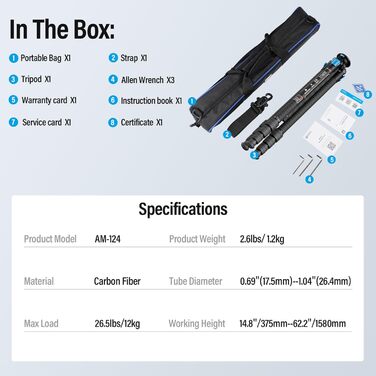 Штатив SIRUI AM124 Carbon з кульковою головкою AM01, легкий туристичний штатив, сумісний з Acra, водонепроникний, 159 см, навантаження 12 кг