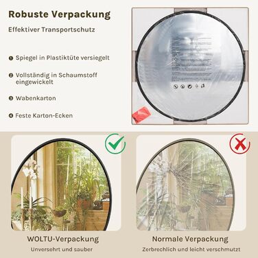 Круглий настінний дзеркало WOLTU 40 см з рамою, сучасний декор для ванної, спальні, вітальні, коридору, декоративне дзеркало для макіяжу зі скла, металу та MDF, з гачком (71L x 71B см, Чорний)