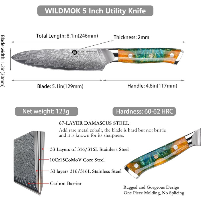 Кухонний ніж WILDMOK 12см з японської сталі VG-10 Damaskus, ергономічна ручка, подарункова коробка