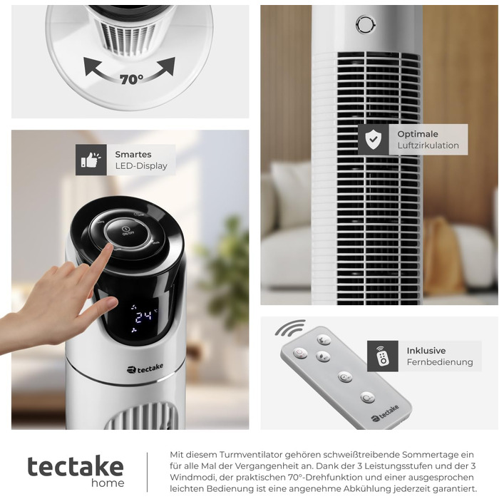 Турбо вентилятор Tectake з пультом дистанційного керування та таймером, тихий вентилятор-вежа, мобільний кондиціонер, 3 швидкості, 31 x 110 см