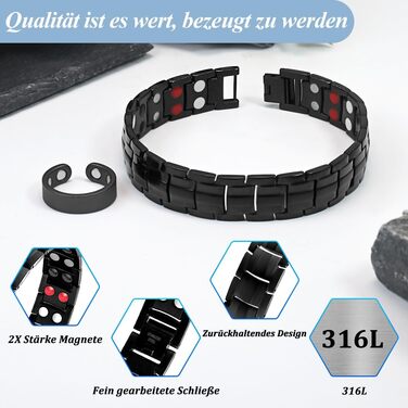 Браслет магнітний чоловічий Vicmag з титанової сталі, подвійна лінія магнітів, регульований, з інструментом та подарунковою коробкою (Чорний, 4 елементи)