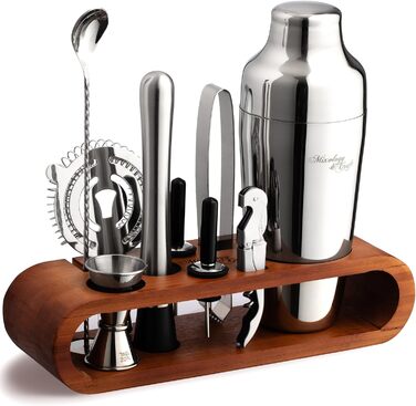 Набір для приготування коктейлів Mixology & Craft Cocktail Set (10 предметів) - Шейкер, аксесуари для бару в дерев'яному підставці з махогону, подарунковий набір, сріблястий, нержавіюча сталь, бамбук